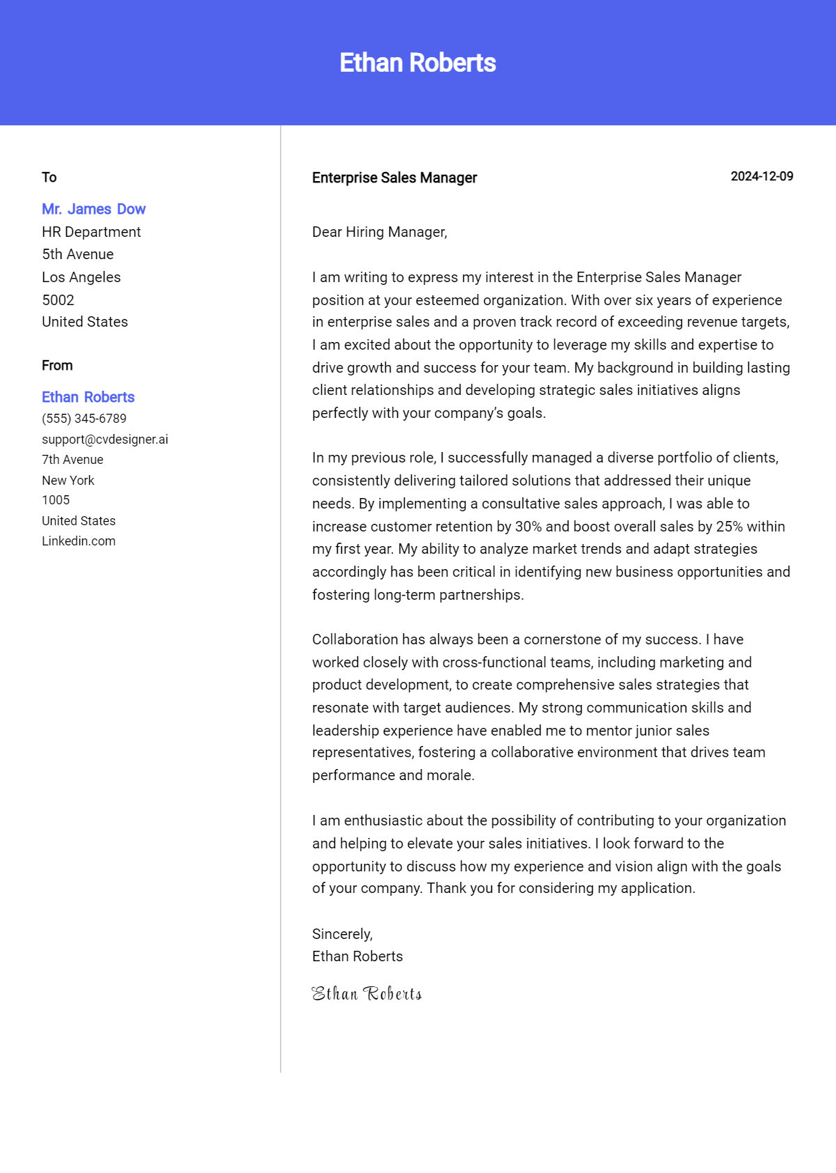 enterprise sales manager cover letter example