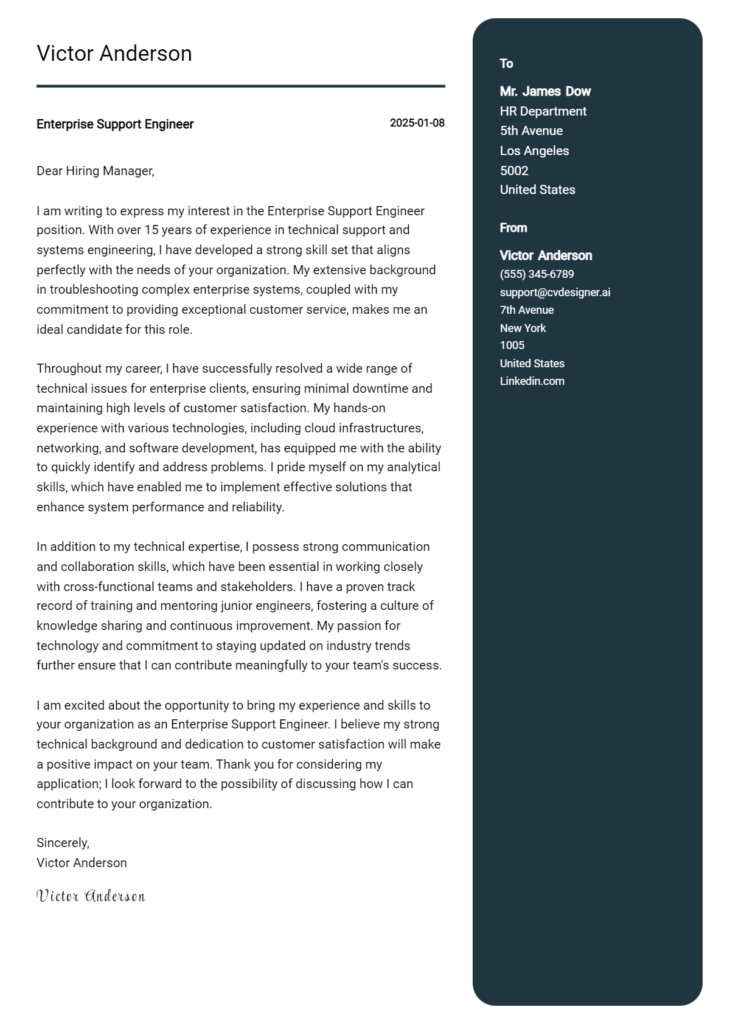 enterprise support engineer cover letter example