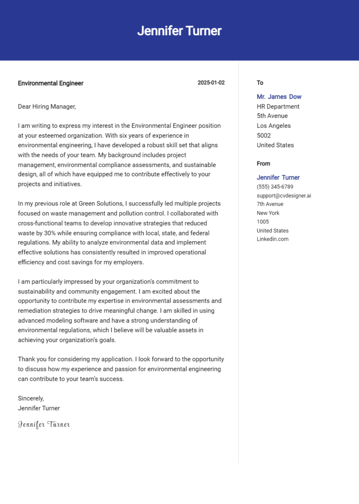 environmental engineer cover letter example