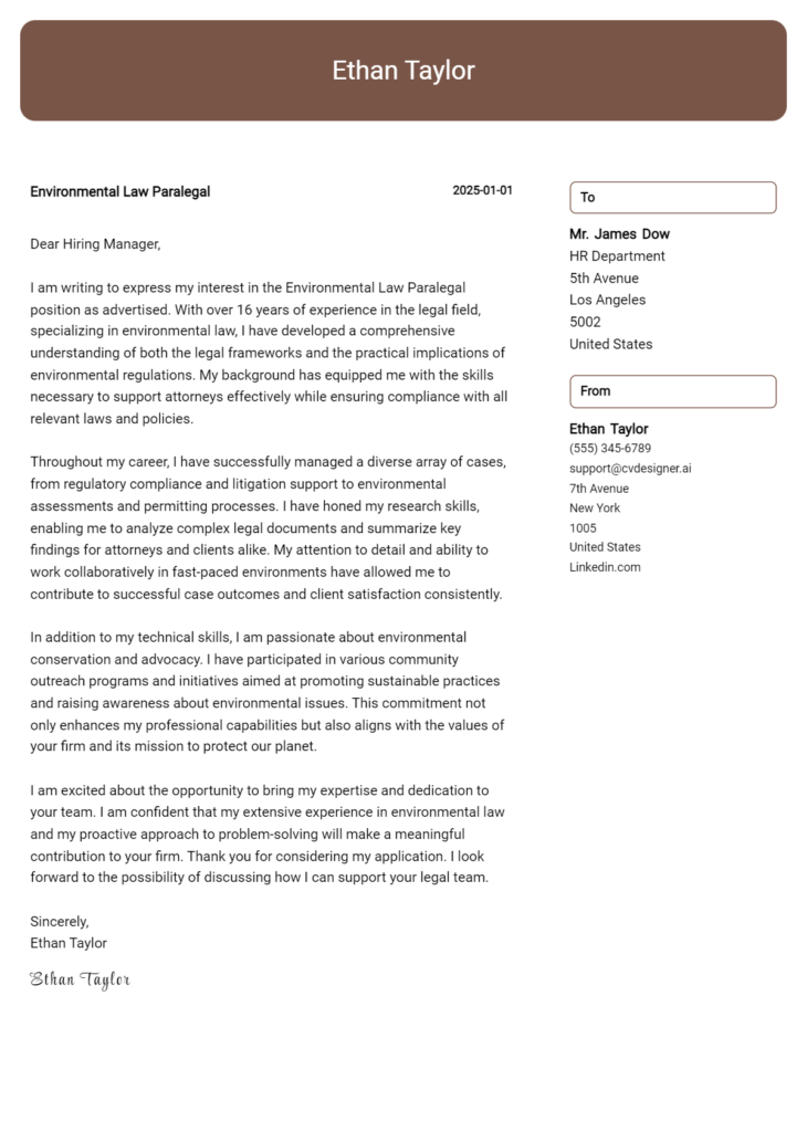 environmental law paralegal cover letter example