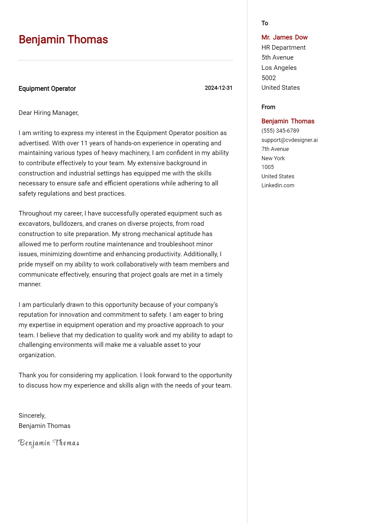 equipment operator cover letter example