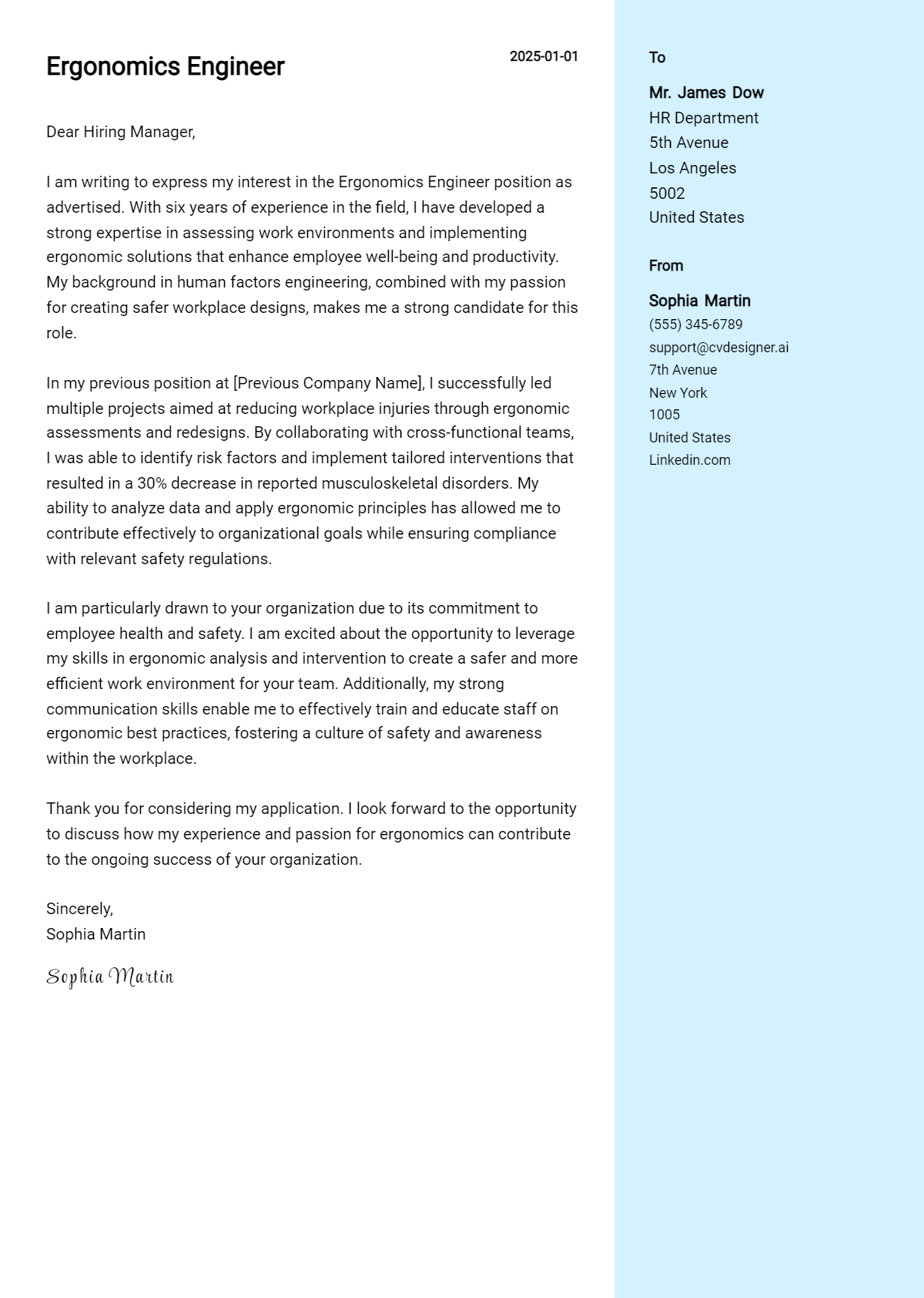 ergonomics engineer cover letter example