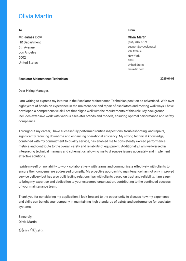 escalator maintenance technician cover letter example