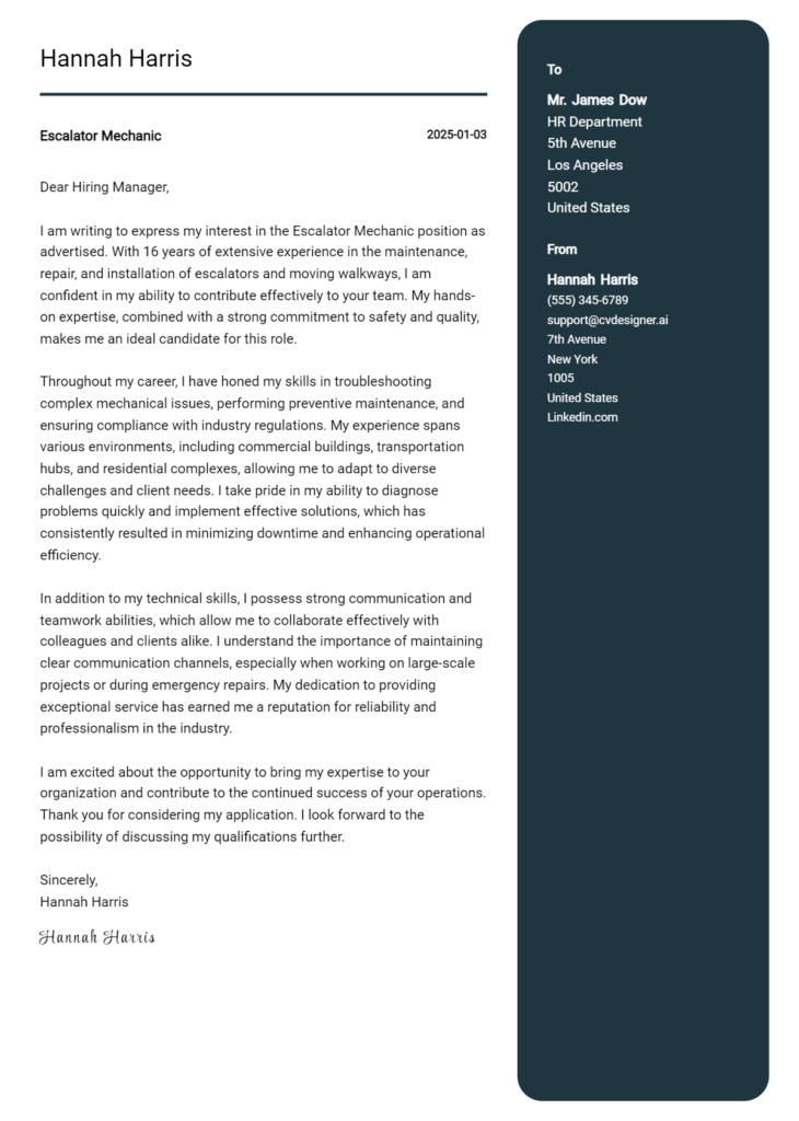 escalator mechanic cover letter example