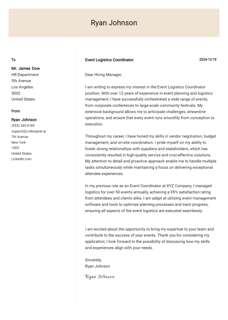 event logistics coordinator cover letter example