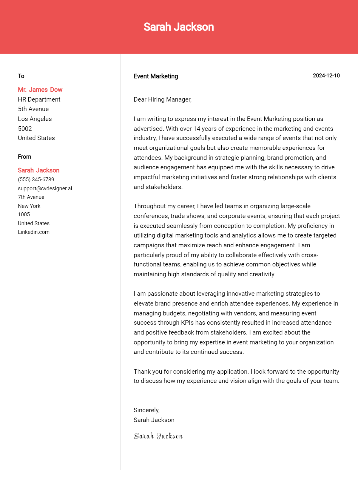 event marketing cover letter example