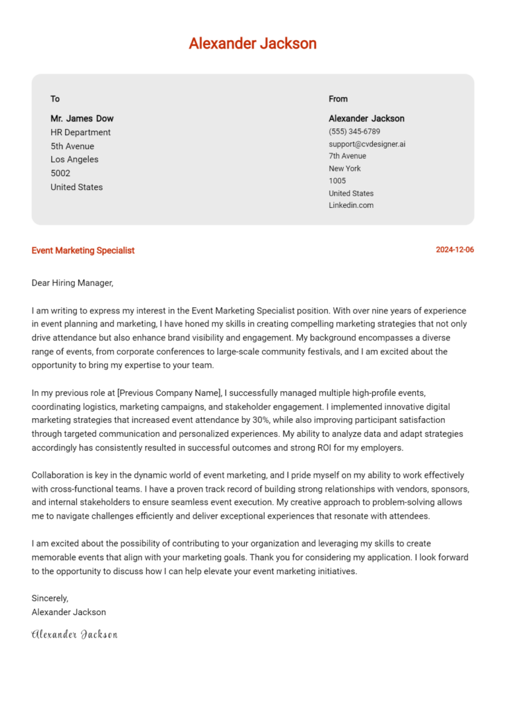 event marketing specialist cover letter example