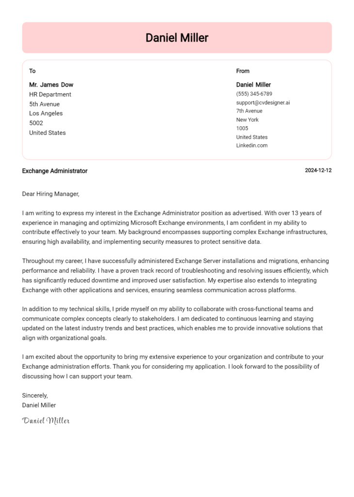 exchange administrator cover letter example