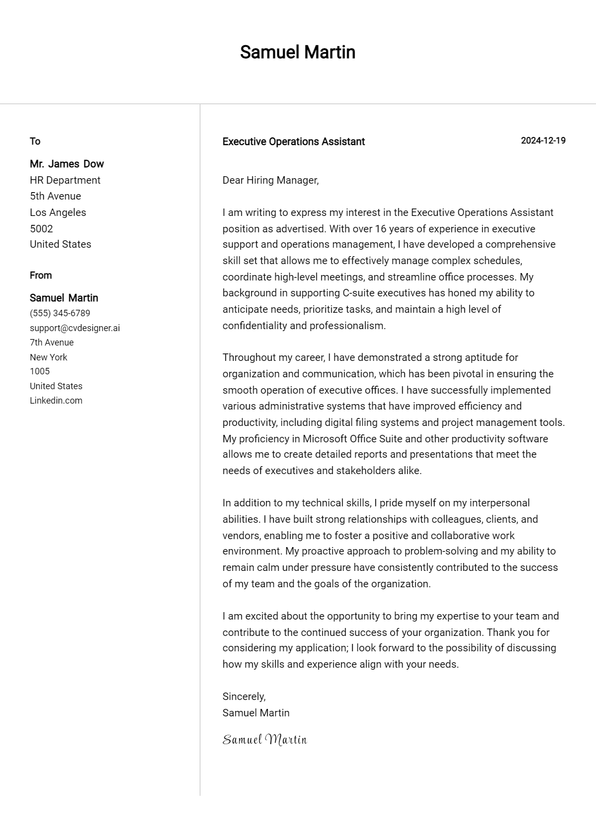 executive operations assistant cover letter example