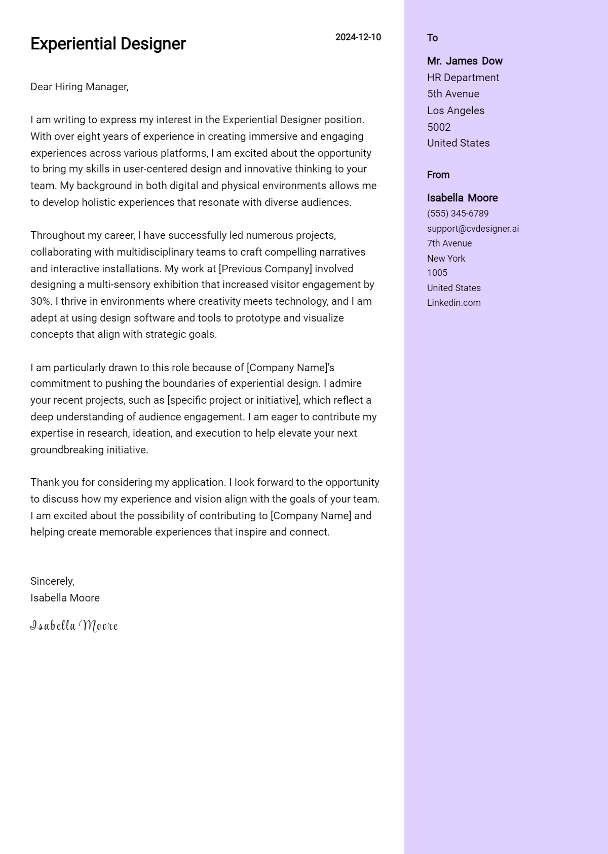 experiential designer cover letter example