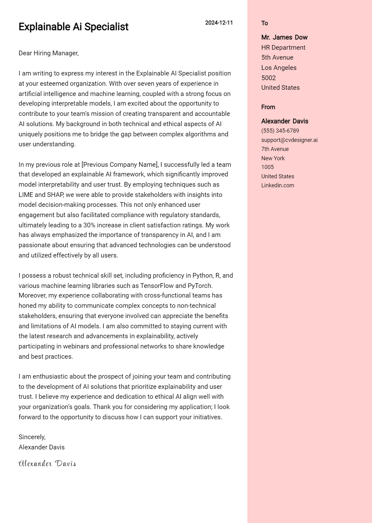 explainable ai specialist cover letter example