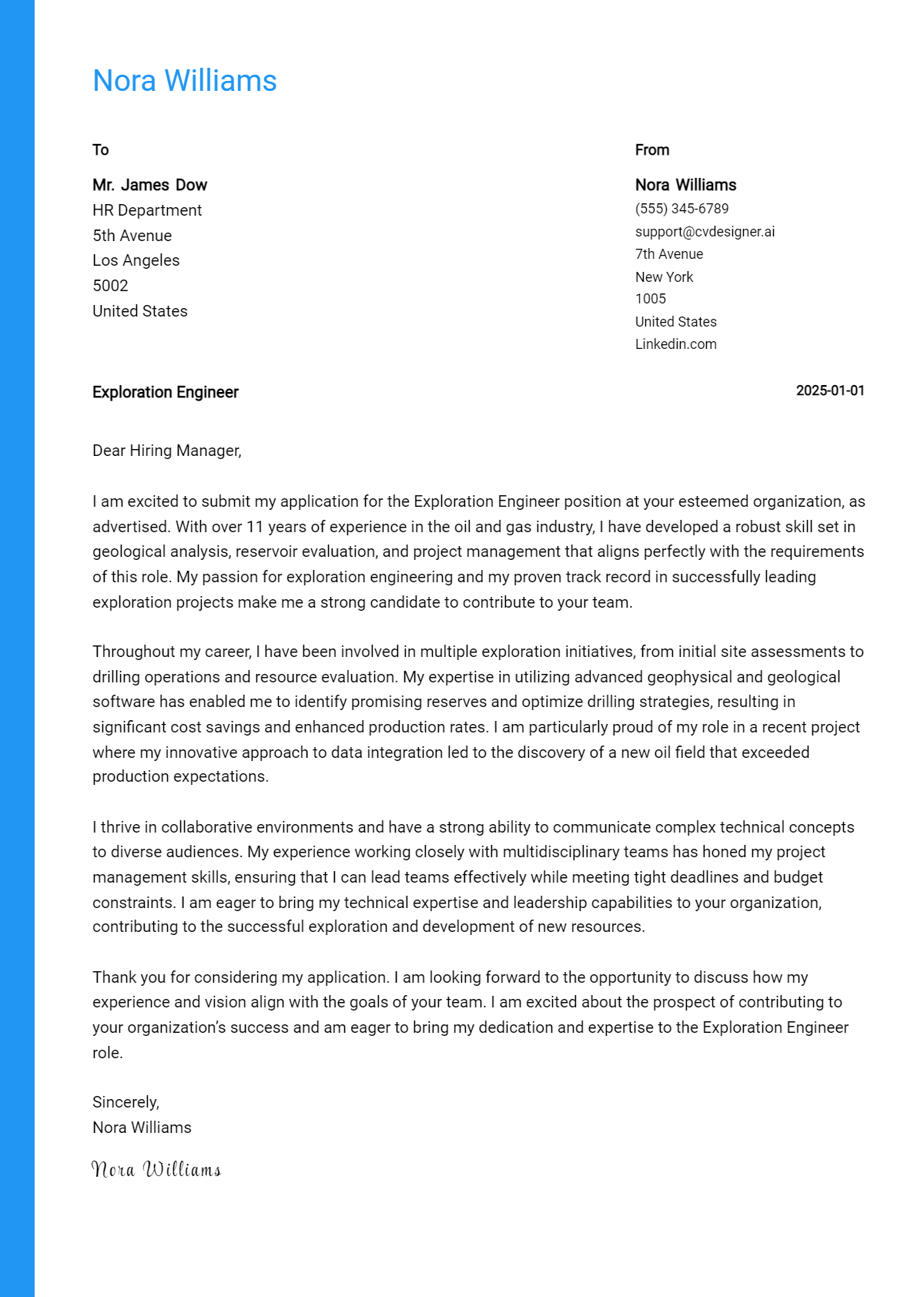 exploration engineer cover letter example