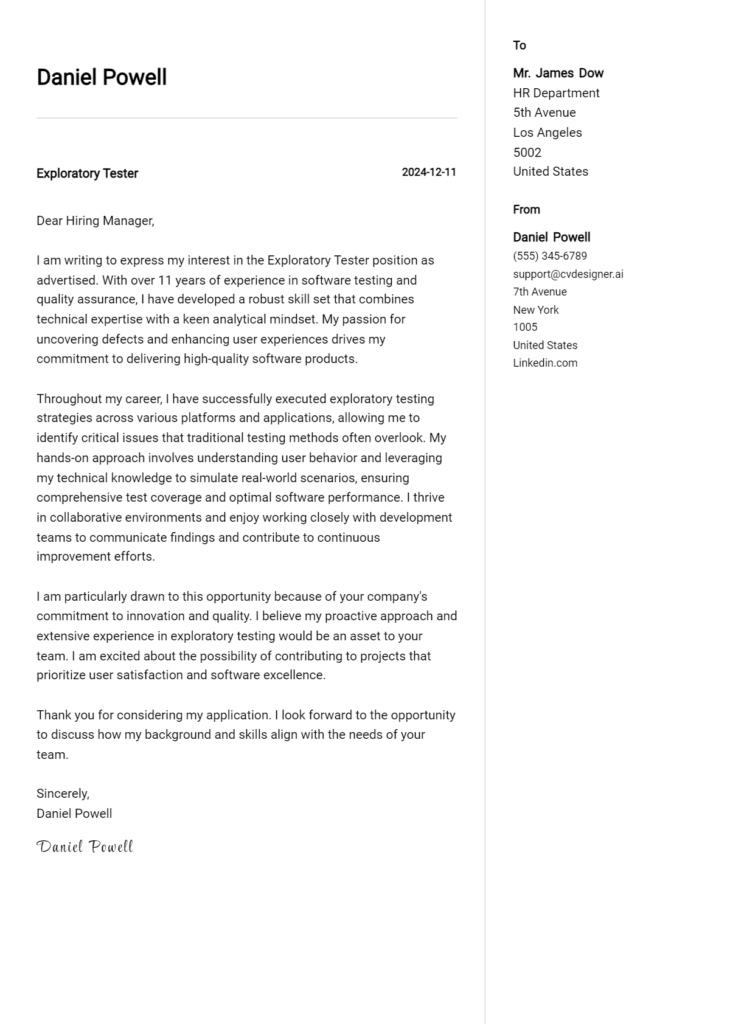 exploratory tester cover letter example