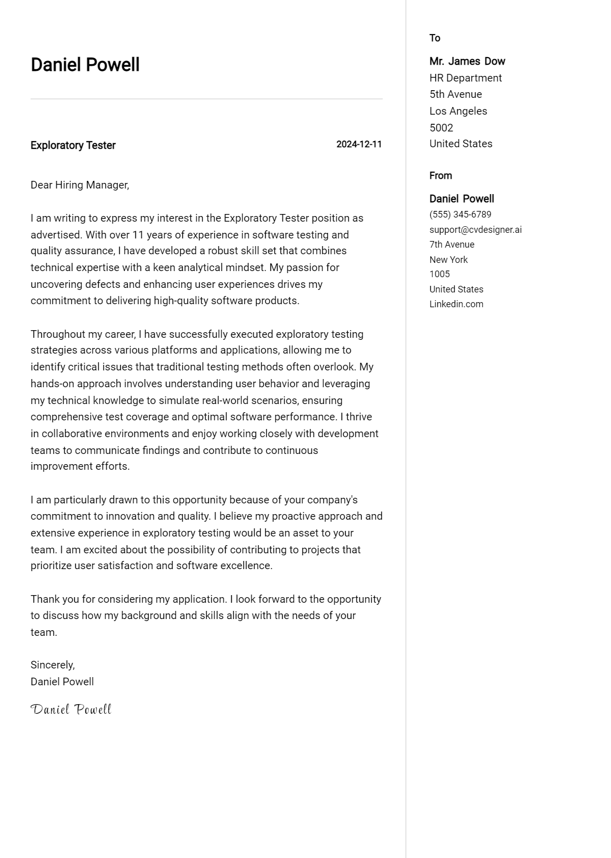 exploratory tester cover letter example