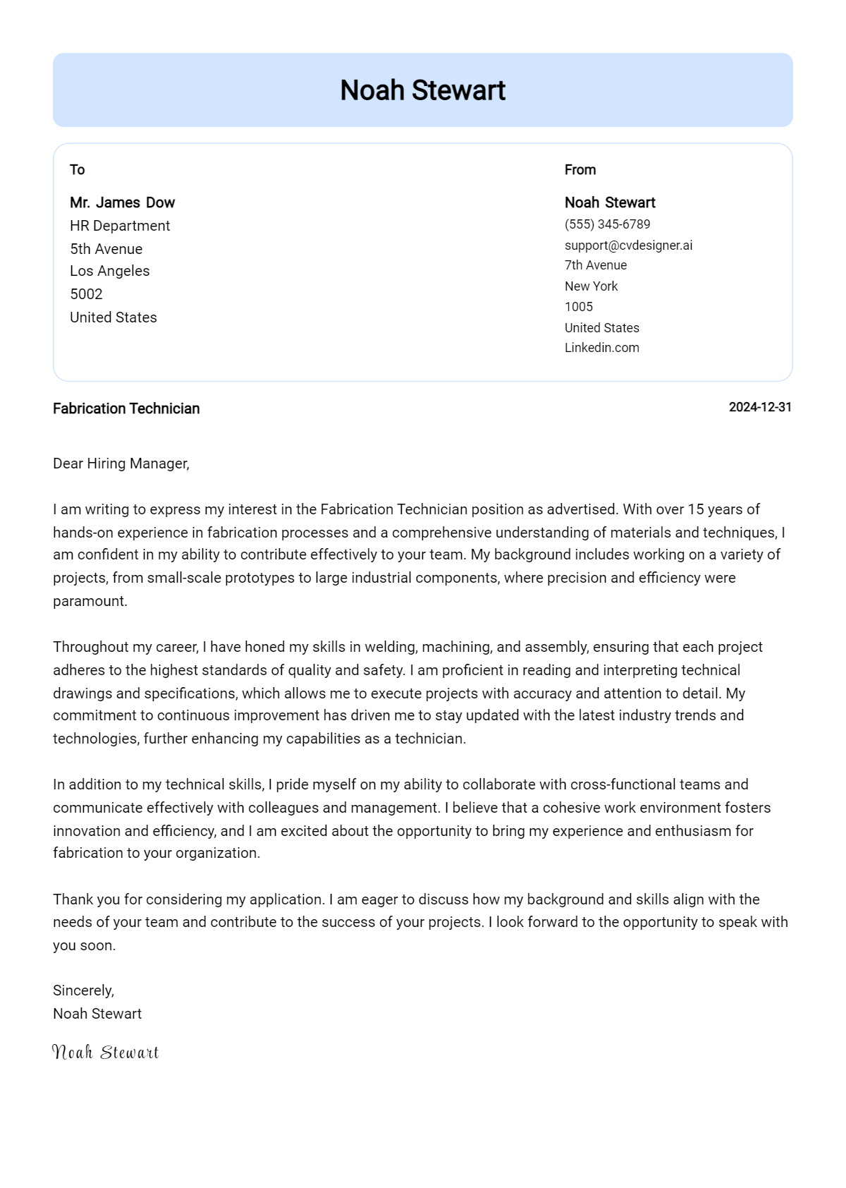 fabrication technician cover letter example