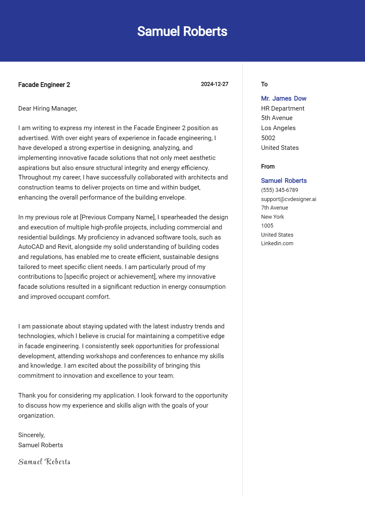 facade engineer 2 cover letter example