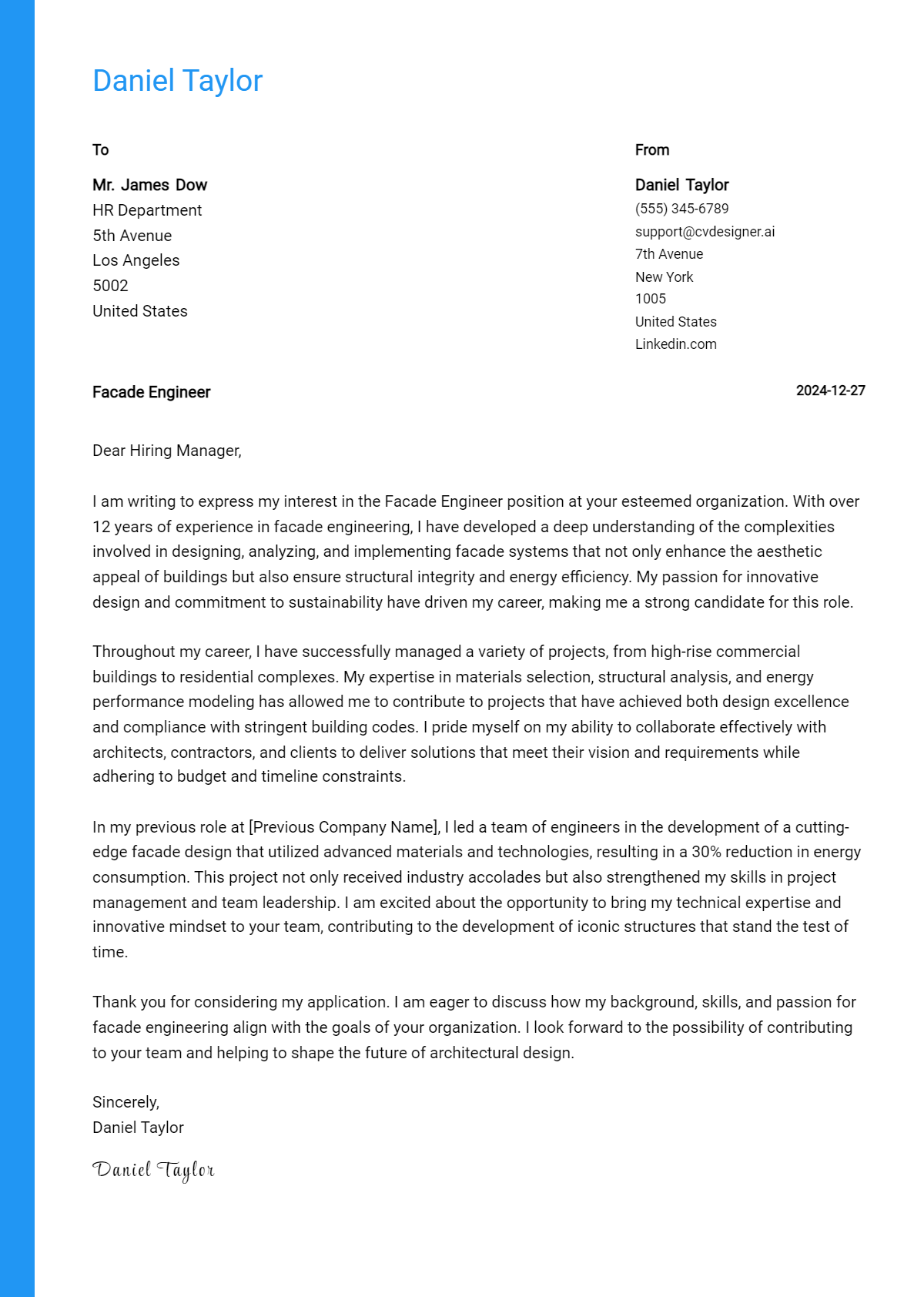 facade engineer cover letter example