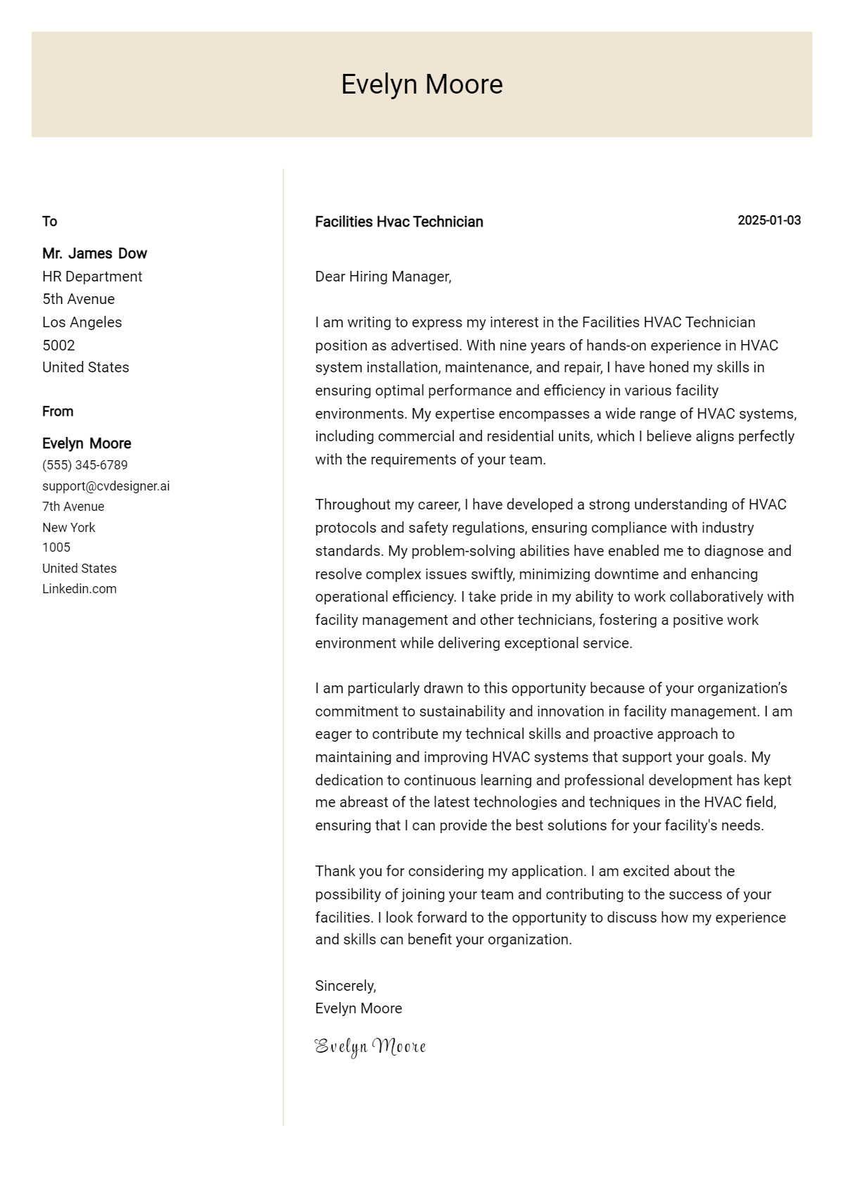 facilities hvac technician cover letter example