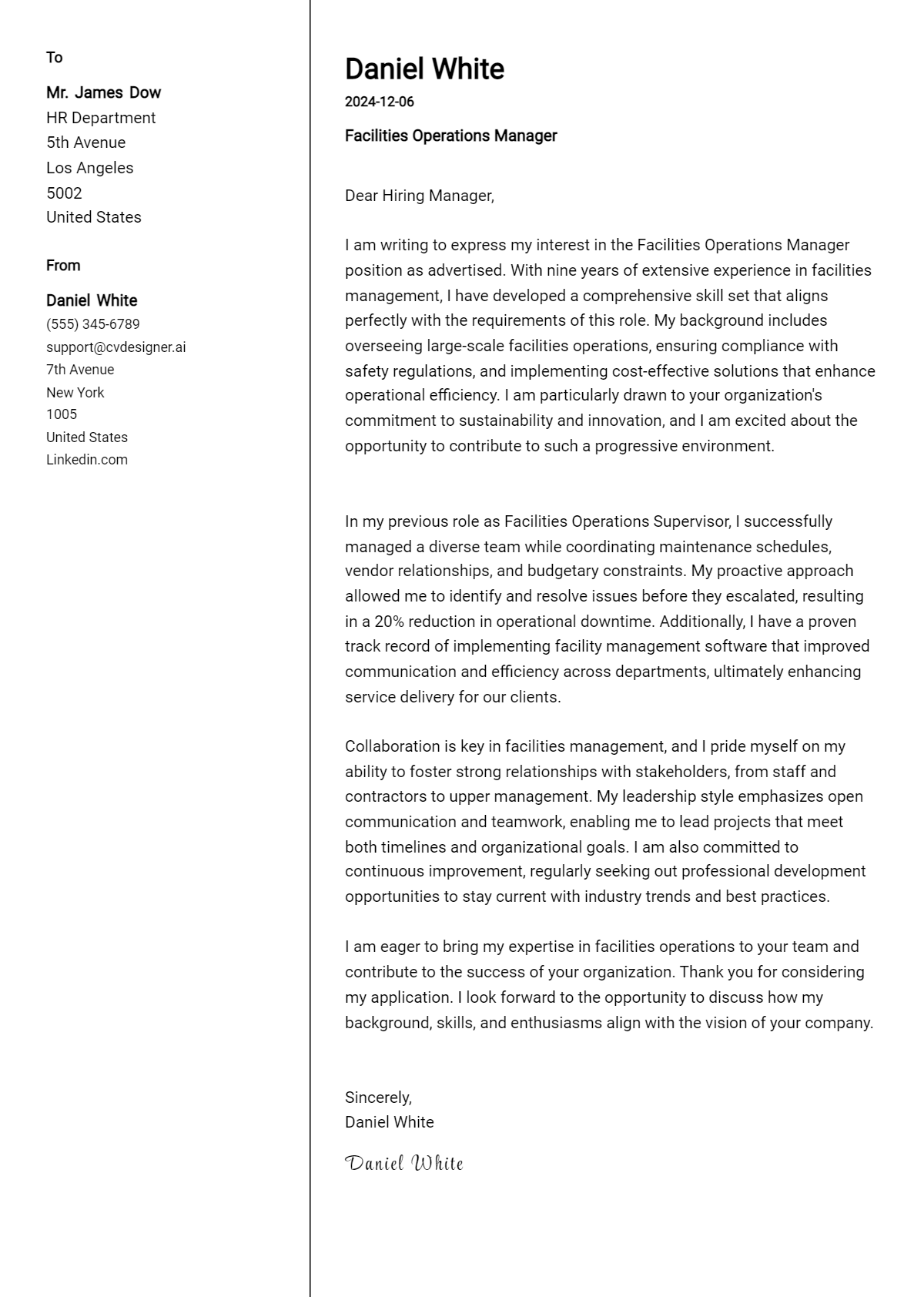 facilities operations manager cover letter example