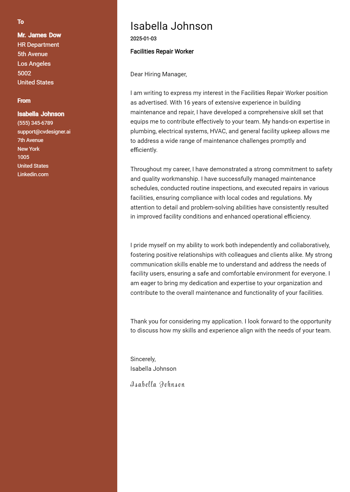 facilities repair worker cover letter example