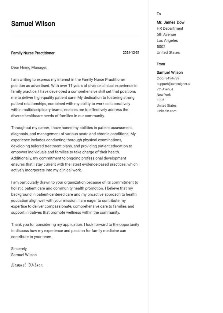 family nurse practitioner cover letter example