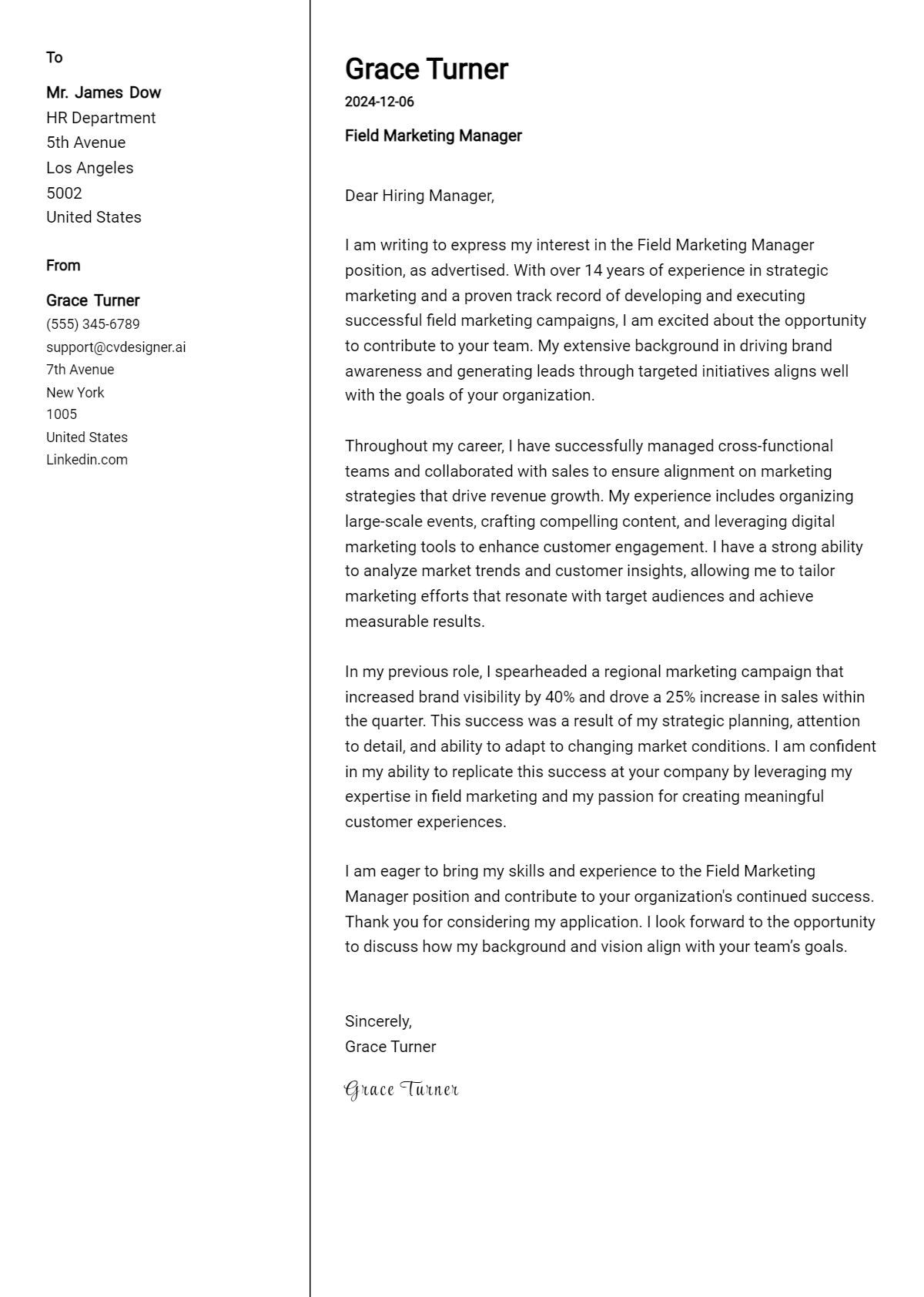 field marketing manager cover letter example