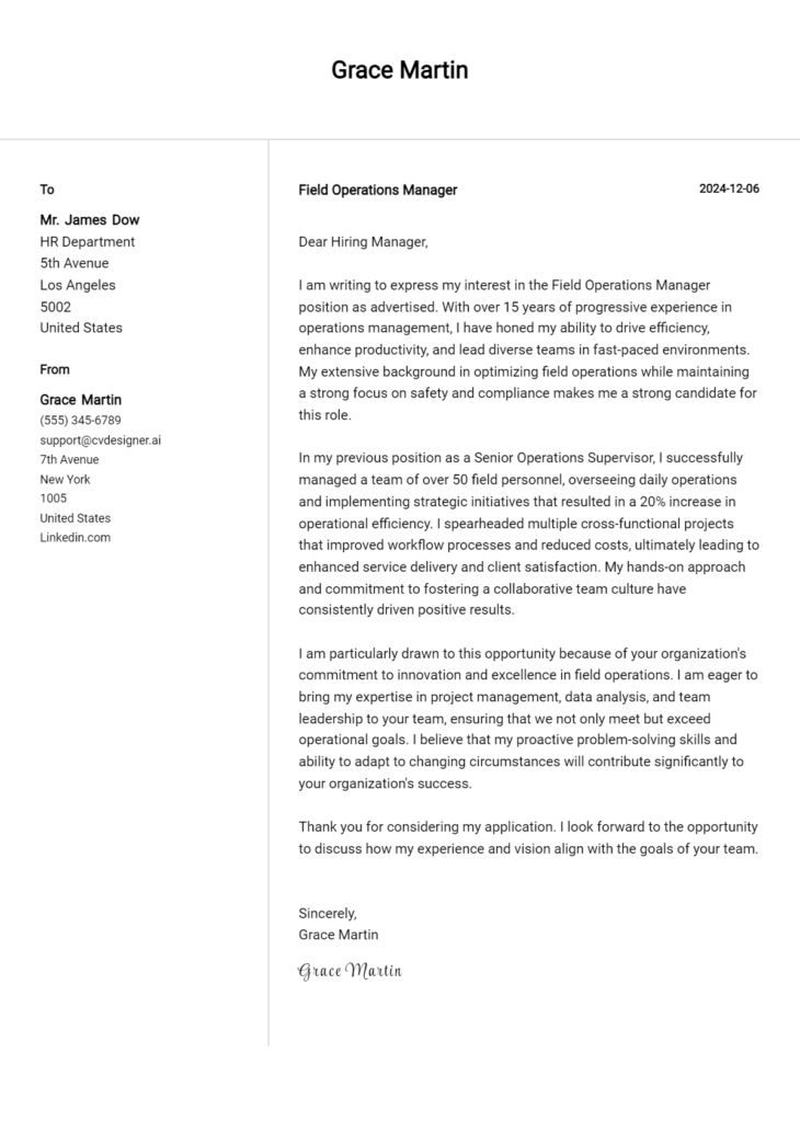 field operations manager cover letter example