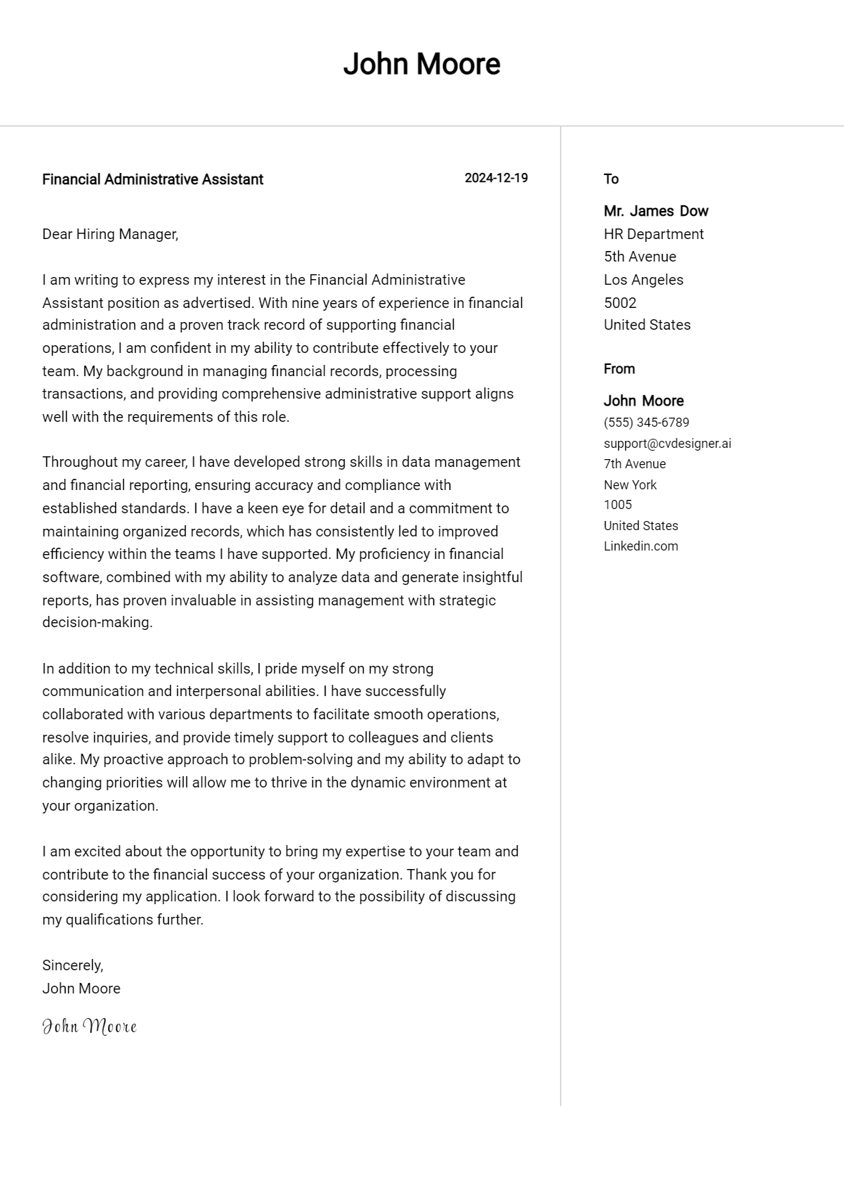 financial administrative assistant cover letter example