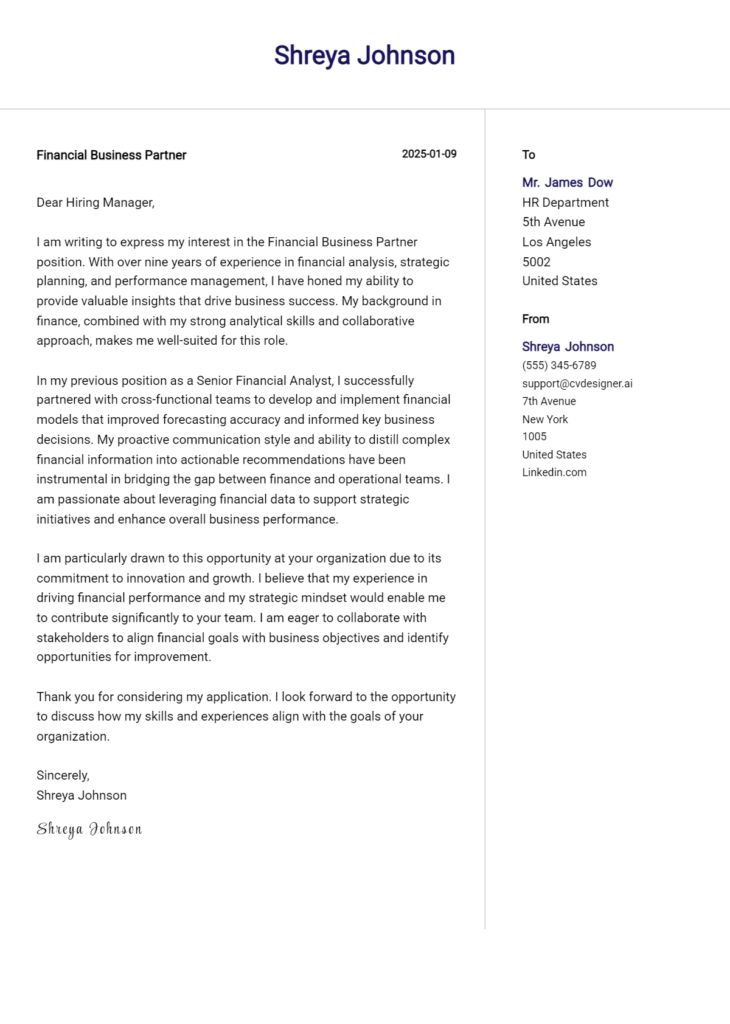 financial business partner cover letter example