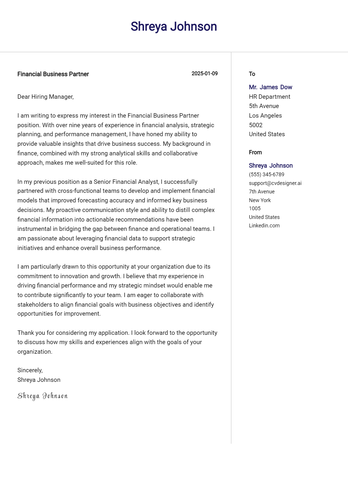 financial business partner cover letter example