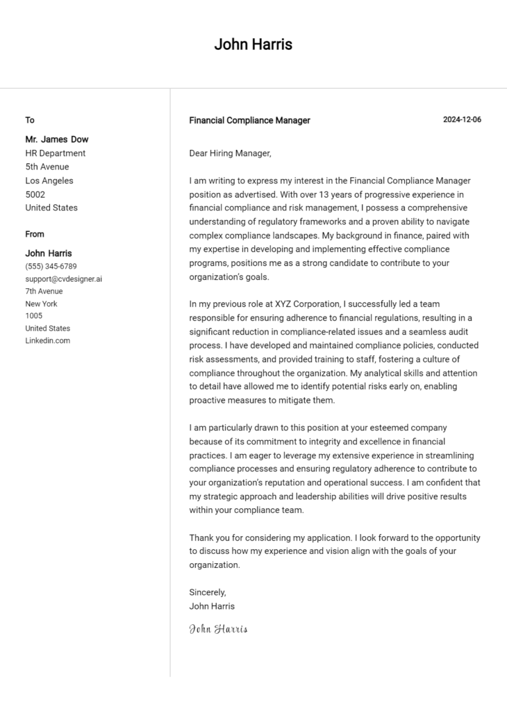 financial compliance manager cover letter example