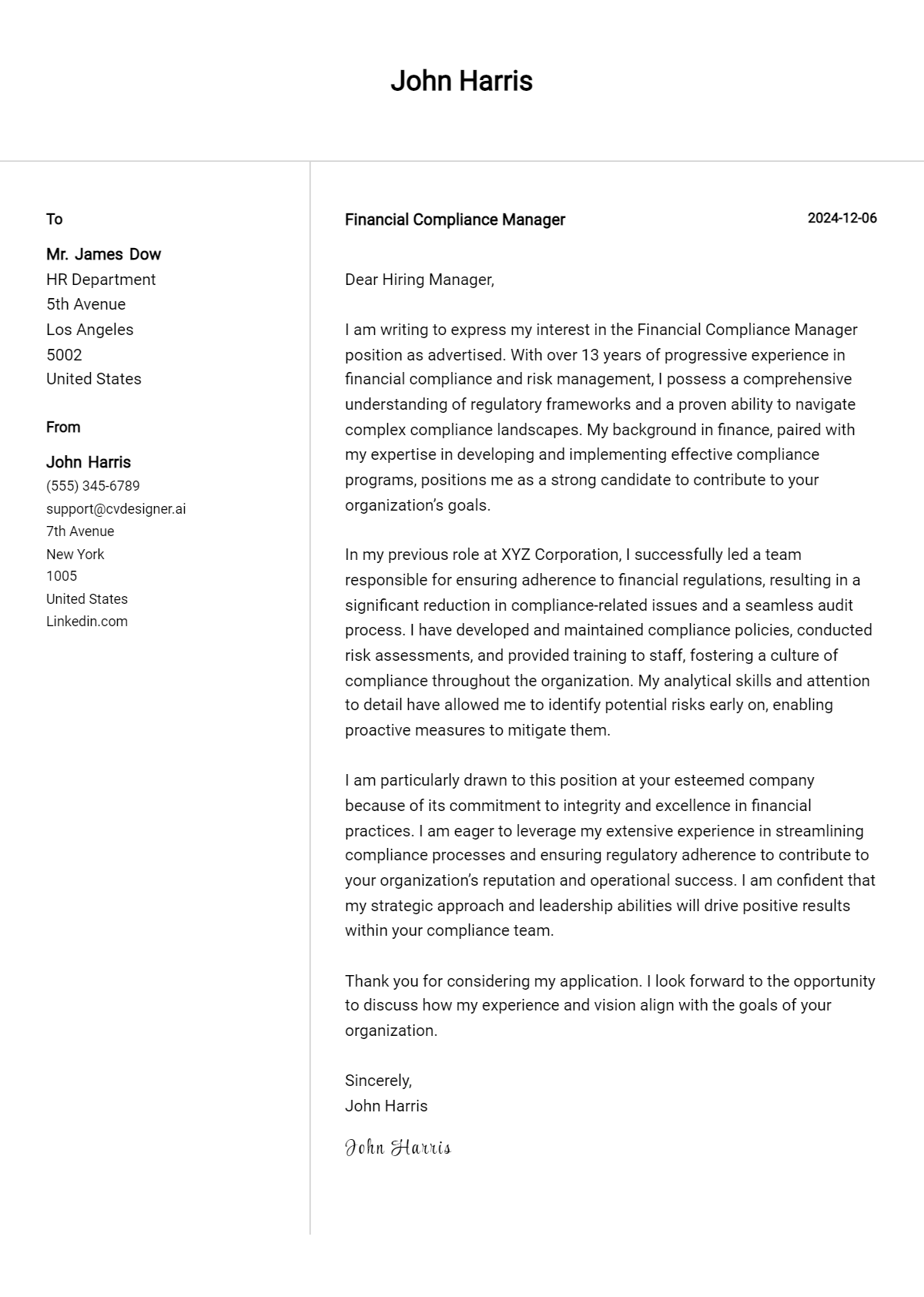 financial compliance manager cover letter example