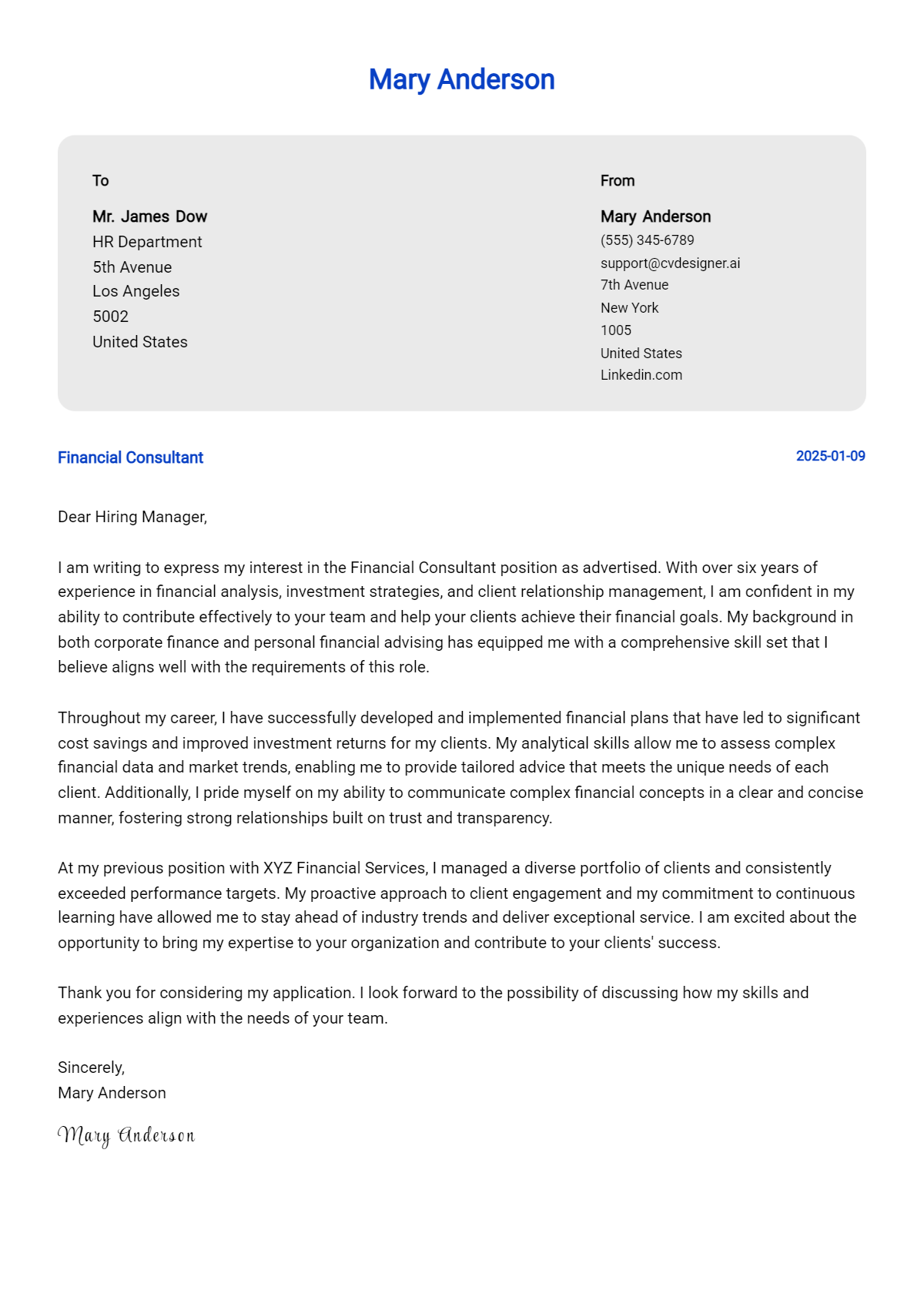 financial consultant cover letter example