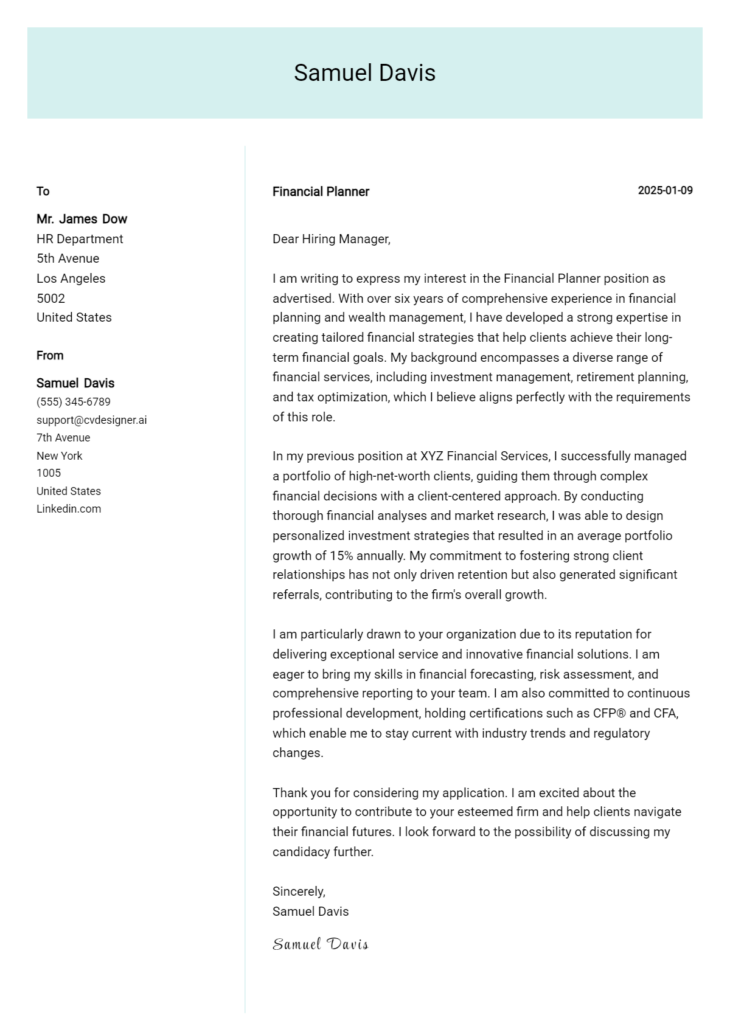 financial planner cover letter example