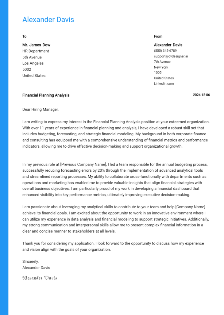 financial planning analysis cover letter example