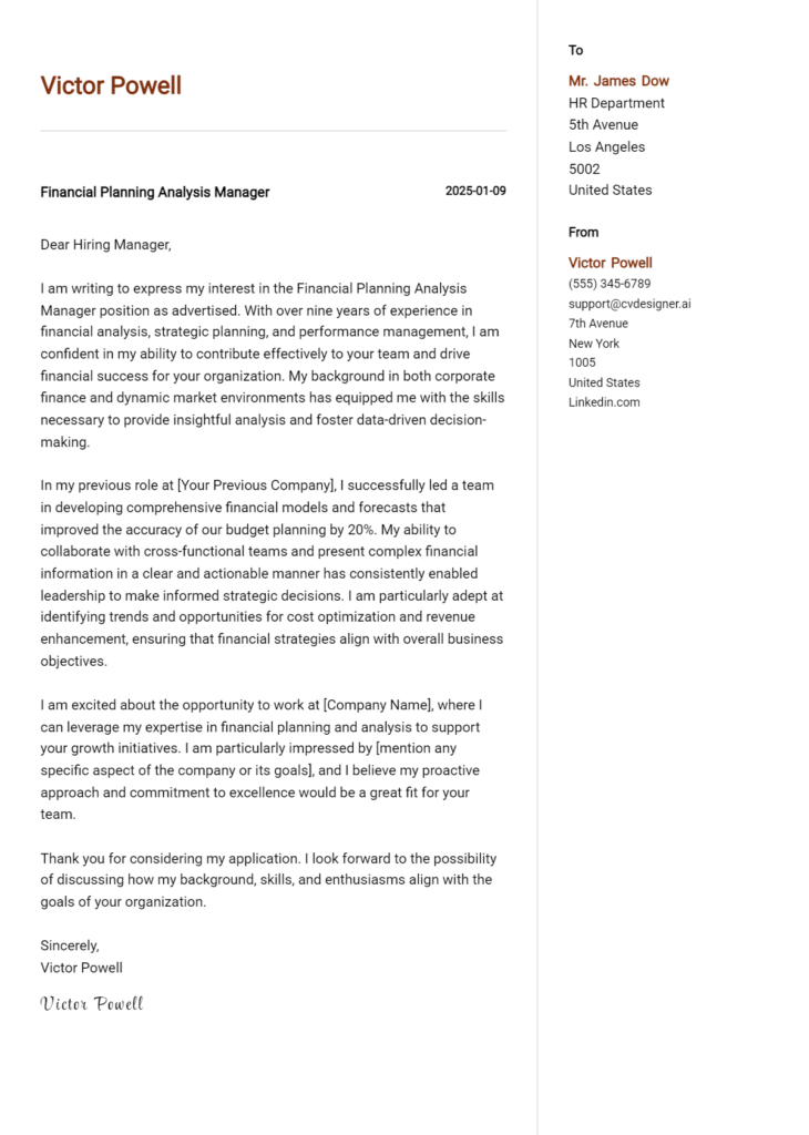 financial planning analysis manager cover letter example