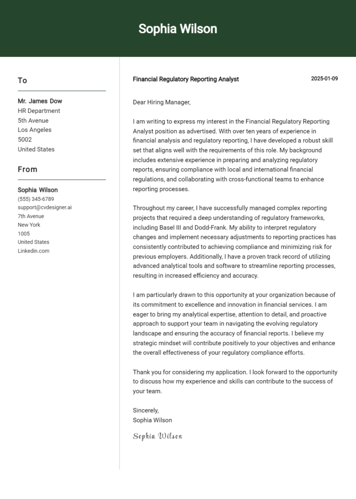 financial regulatory reporting analyst cover letter example