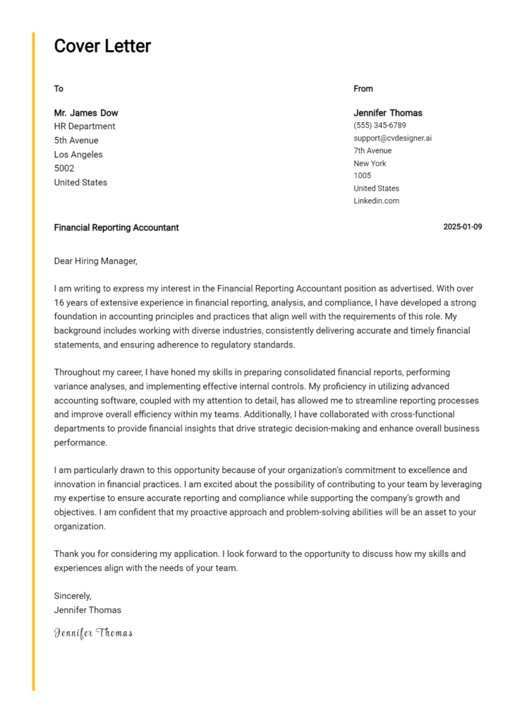 financial reporting accountant cover letter example