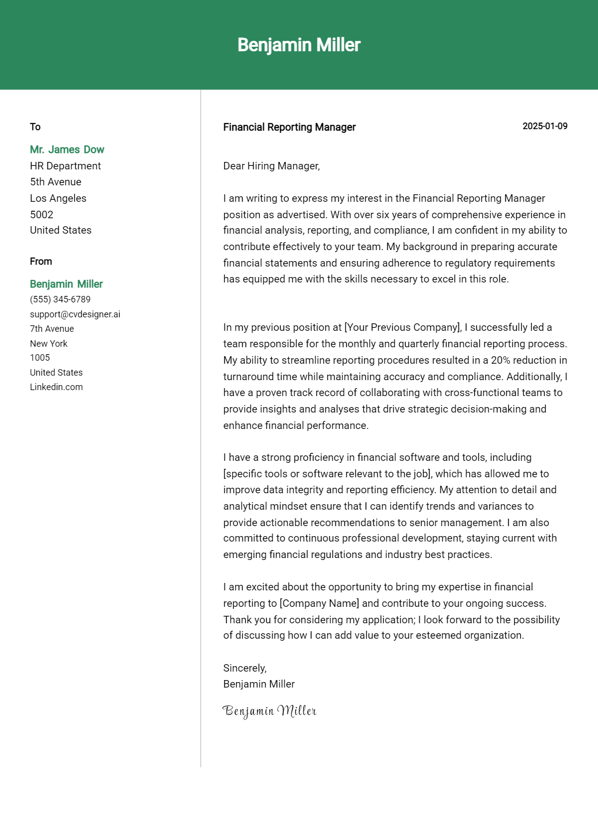 financial reporting manager cover letter example