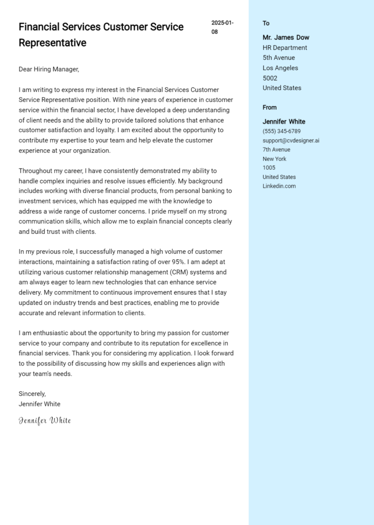 financial services customer service representative cover letter example