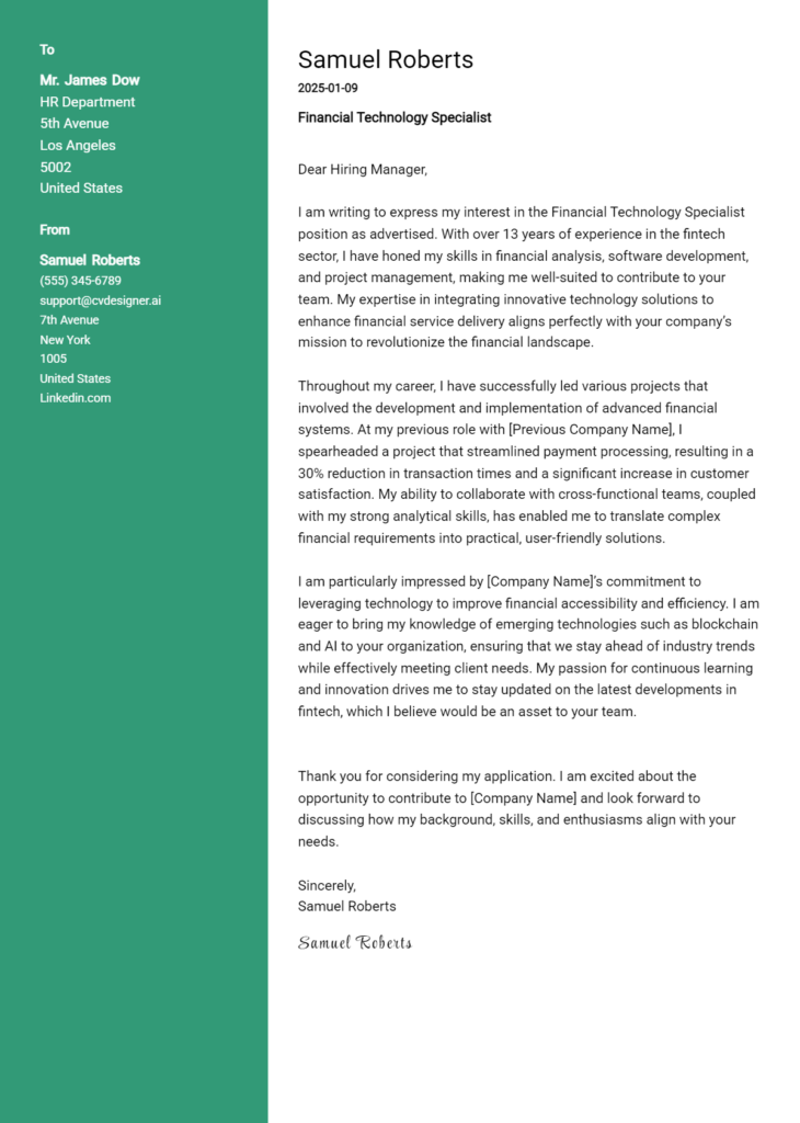 financial technology specialist cover letter example