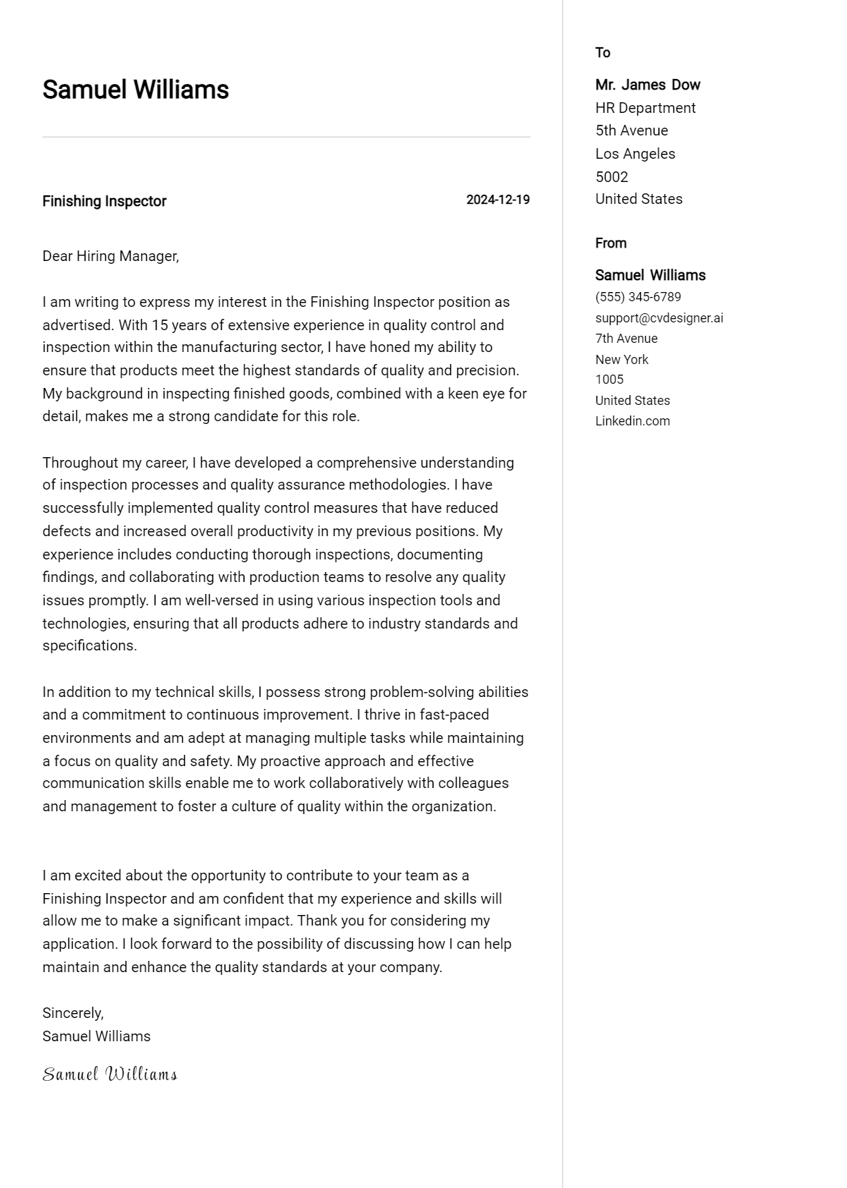 finishing inspector cover letter example