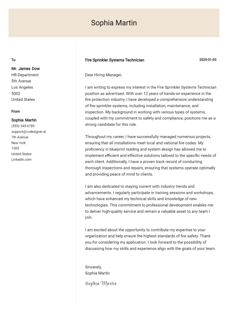 fire sprinkler systems technician cover letter example