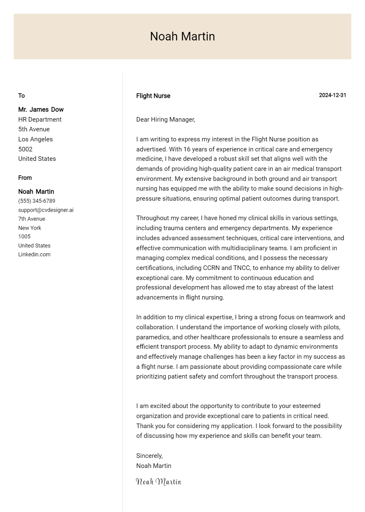 flight nurse cover letter example