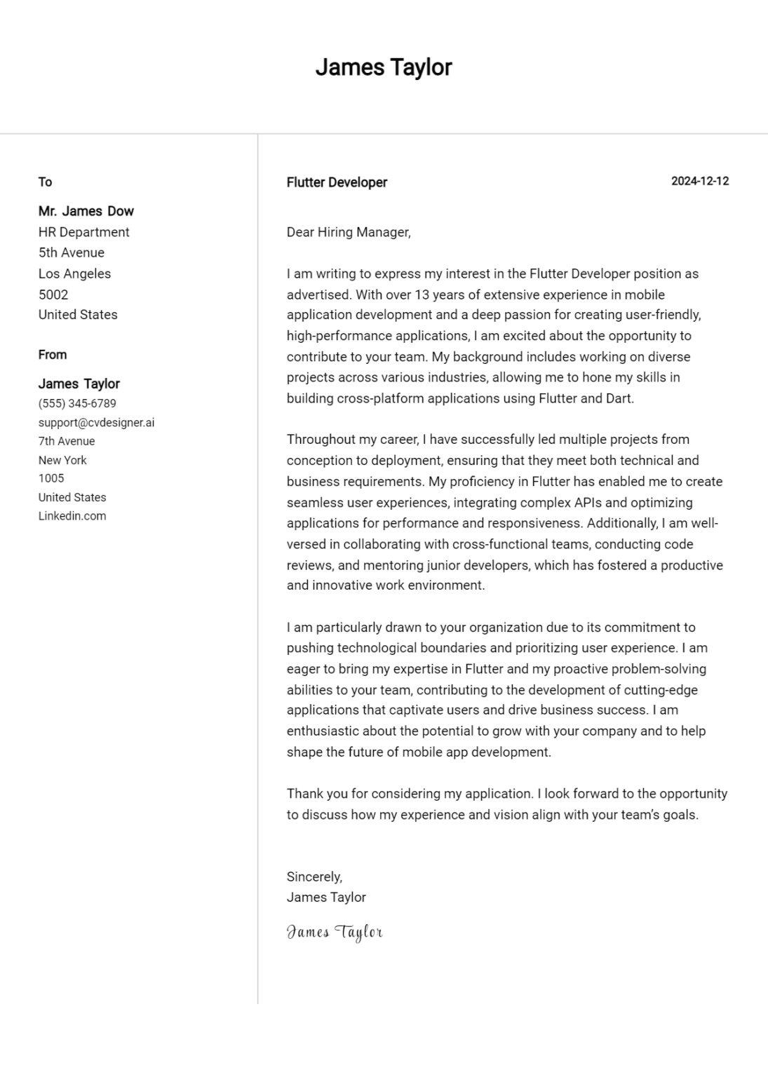 9 Flutter Developer Cover Letter Samples & Examples 2025 - ResumeDesign.ai