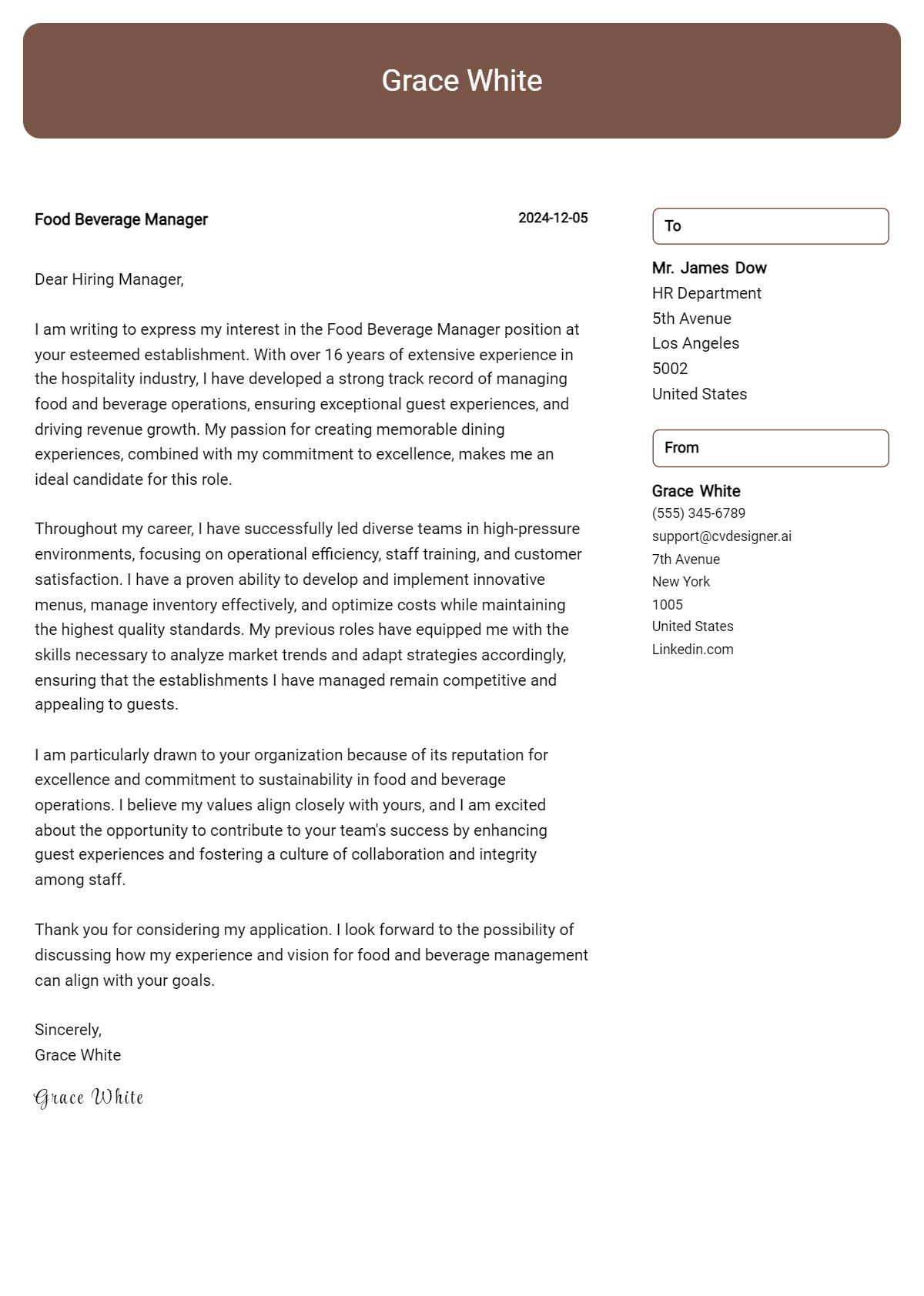 food beverage manager cover letter example