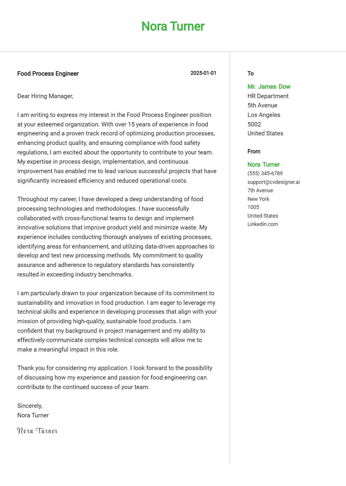 food process engineer cover letter example