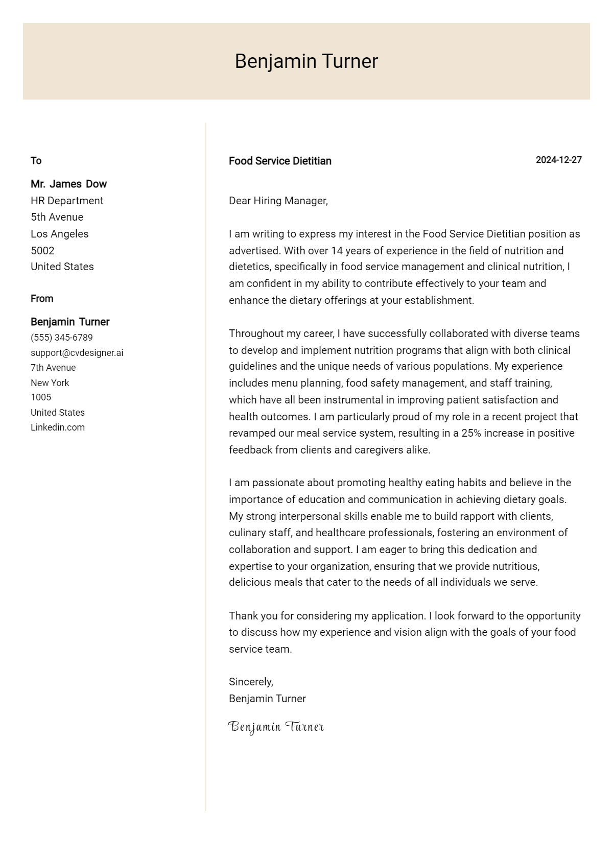 food service dietitian cover letter example