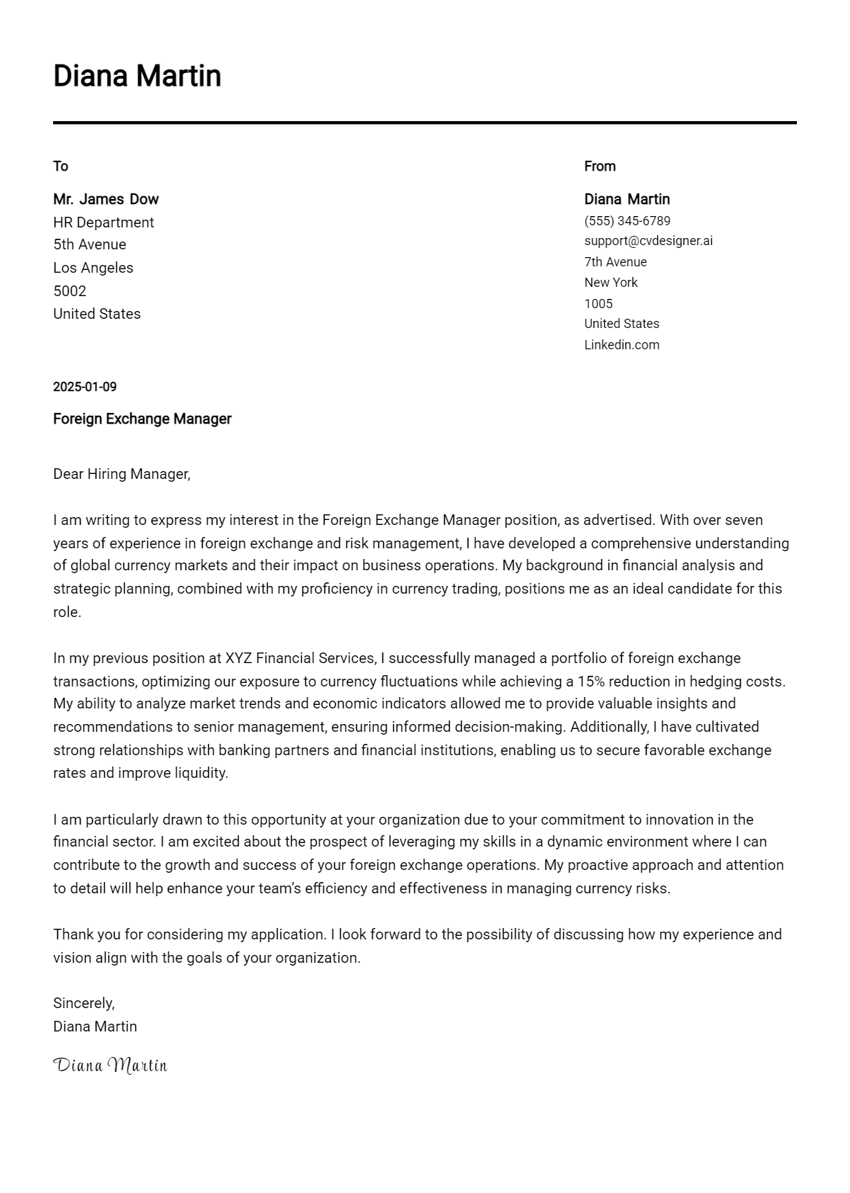 foreign exchange manager cover letter example