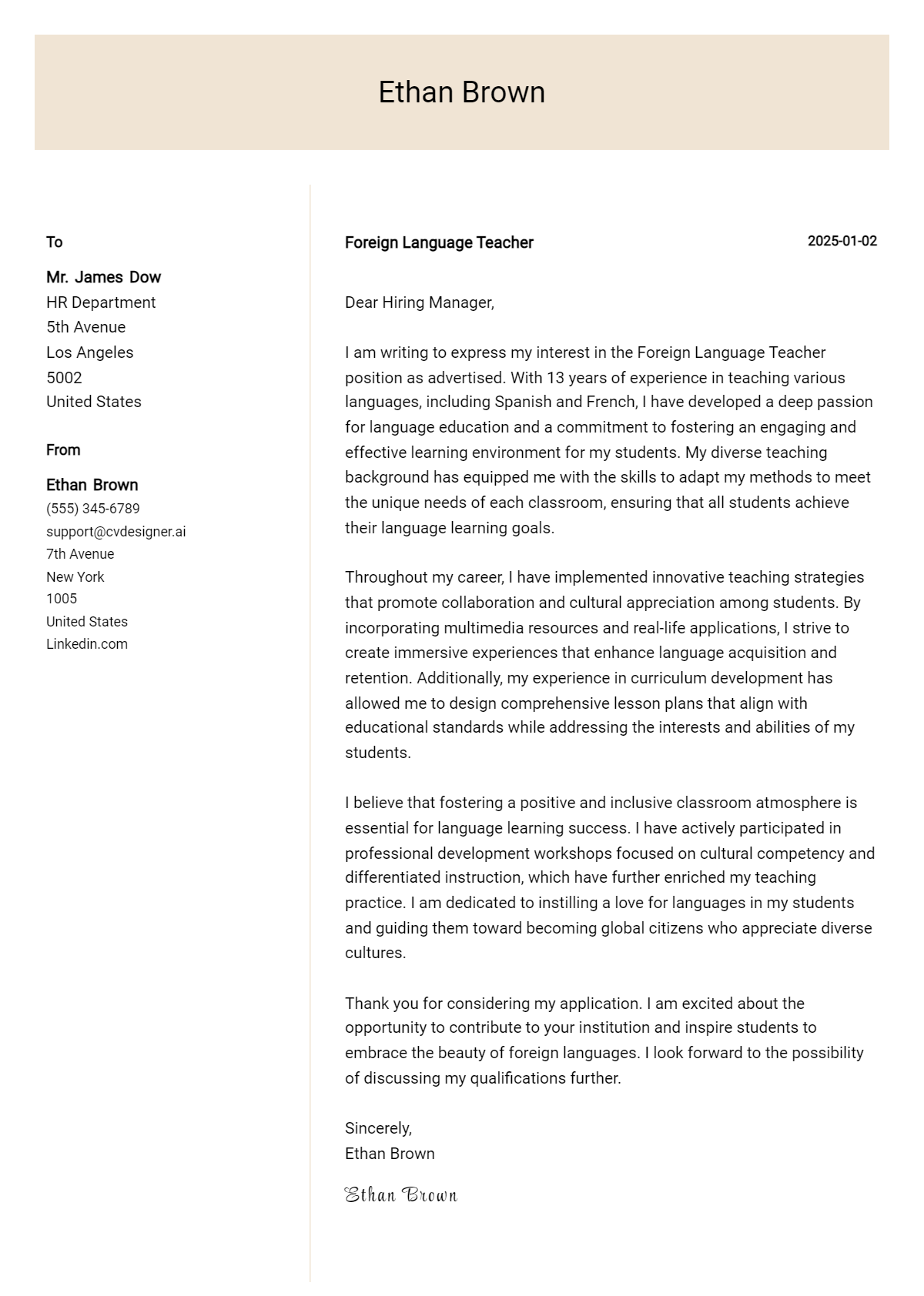 foreign language teacher cover letter example